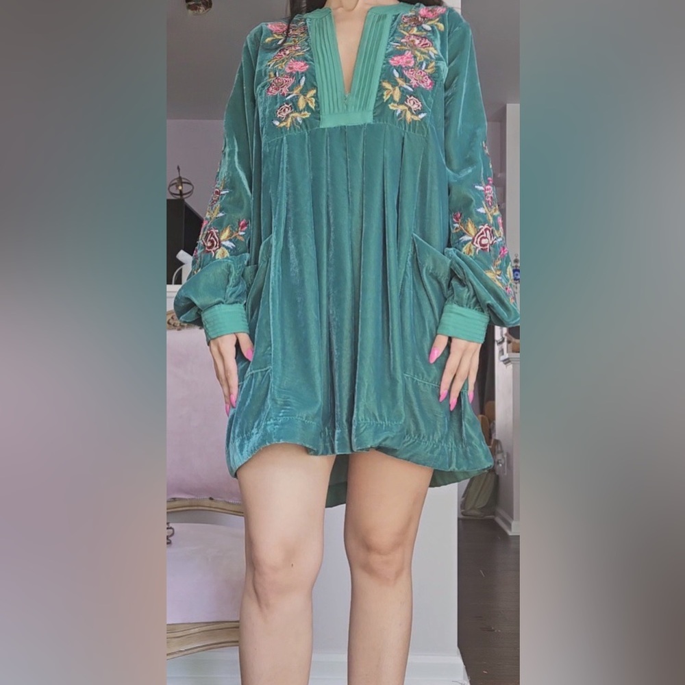 Free People Green Velvet Shirt Dress with Embroidered Flowers